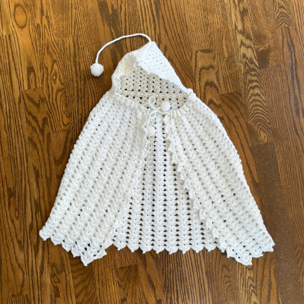 Little girl hand knit hooded shawl